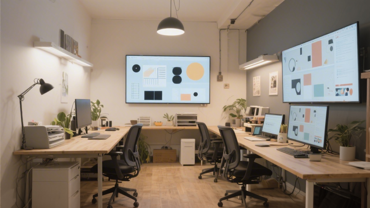 Small creative studio in Madrid with desks, large screens showing interface design, neutral lighting, and a calm professional atmosphere.