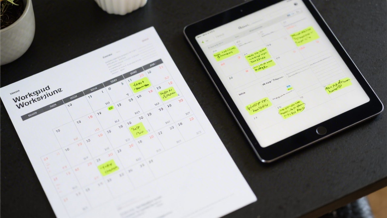 Printed calendar and digital tablet showing a workshop schedule, with highlighted session dates and notes related to design training.