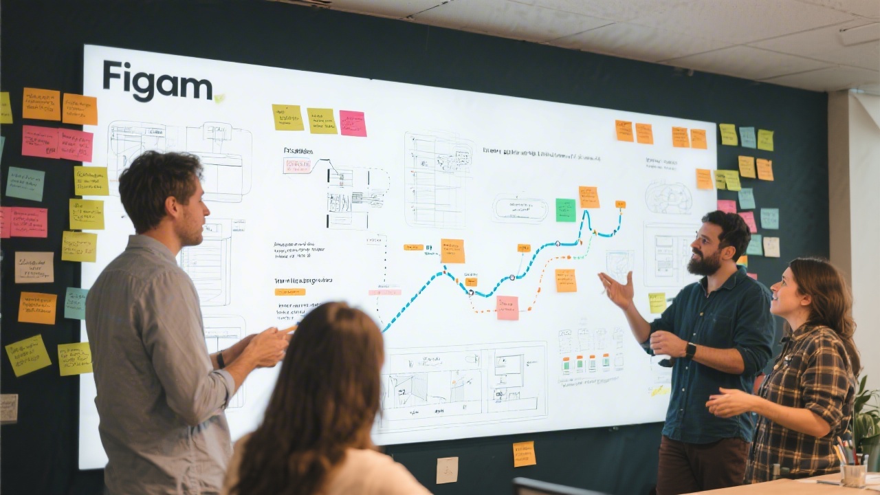 FigJam board on a large display with sticky notes, user journey mapping, and team members discussing wireframes and priorities.