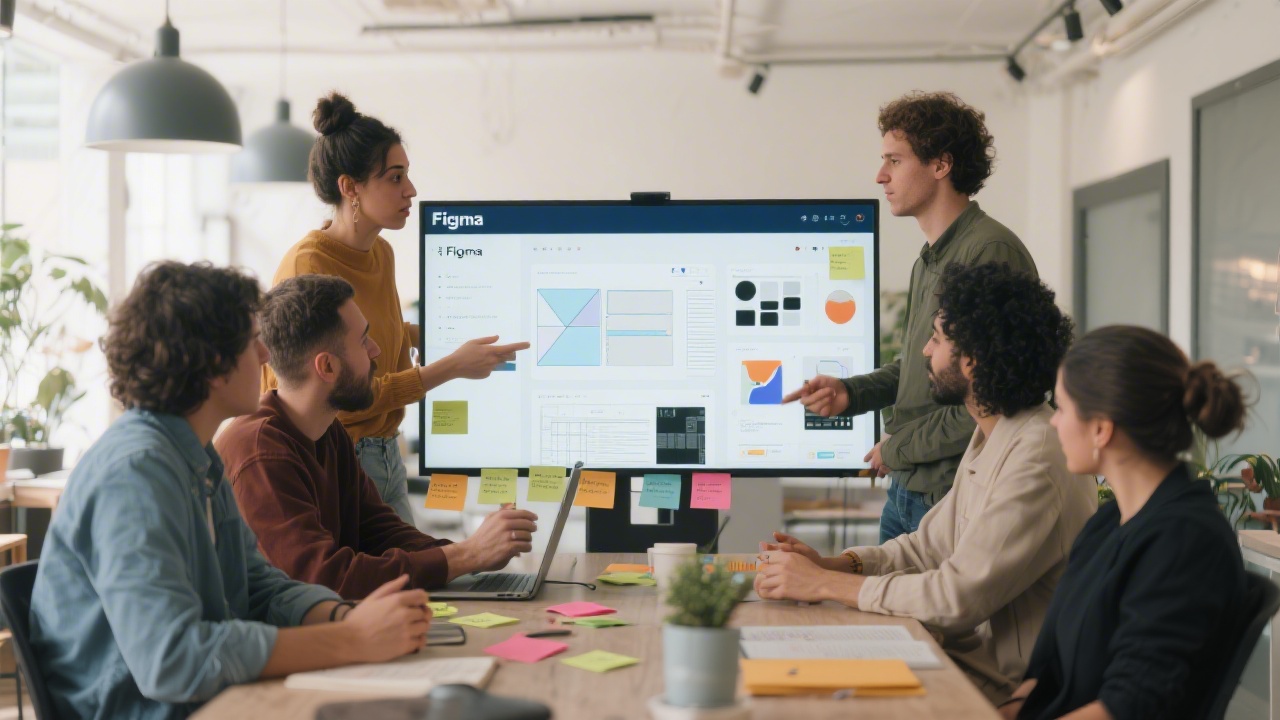 Team of designers collaborating around a large screen with Figma, discussing layouts, sticky notes, and design decisions in a modern Madrid studio.