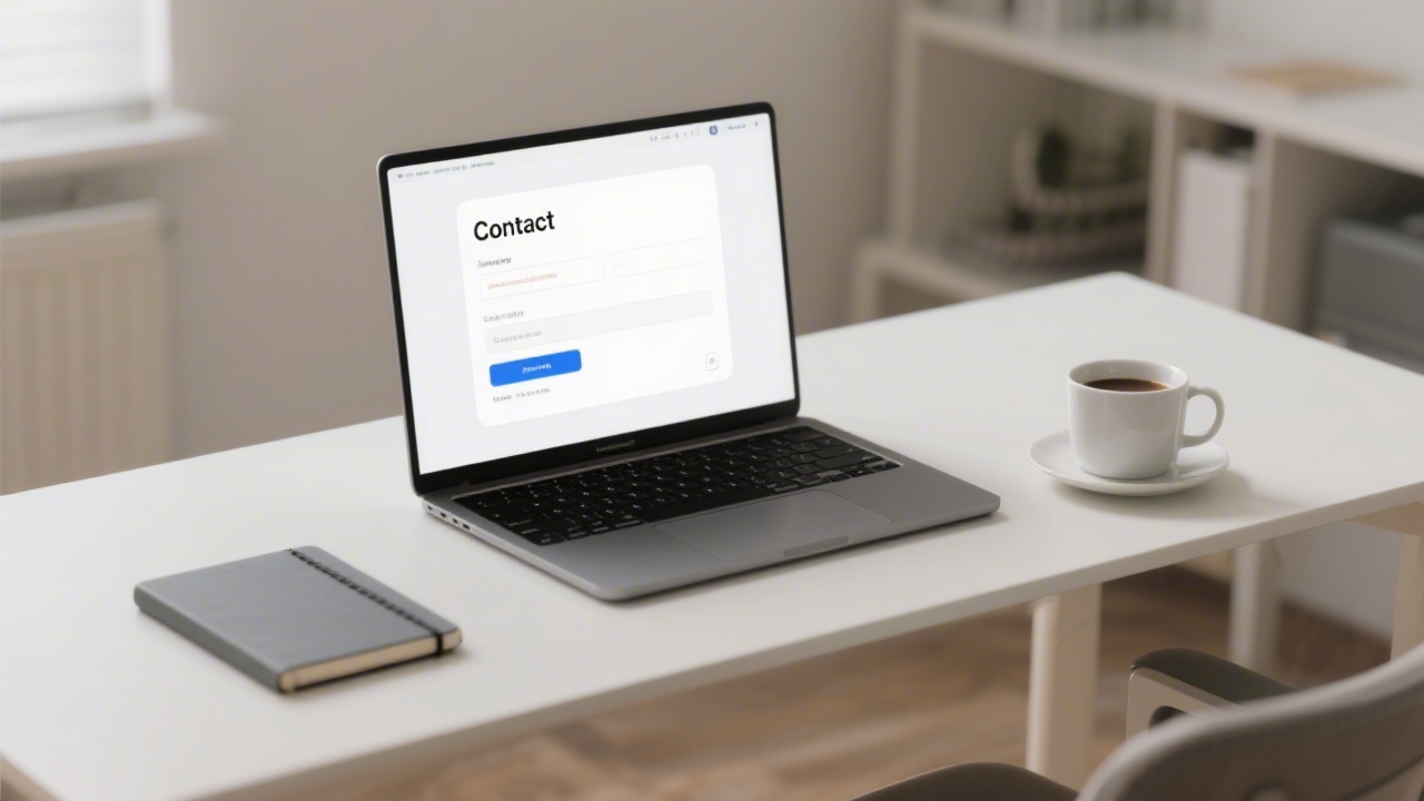 Desk with laptop, notebook, and a coffee cup, showing a contact form on the screen in a calm professional environment.