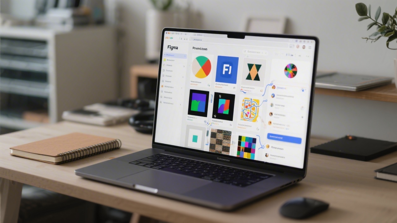 Wide laptop showing Figma interface with multiple artboards, comments, and prototype connections, placed on a desk with notebook, conveying a modern creative studio setup.