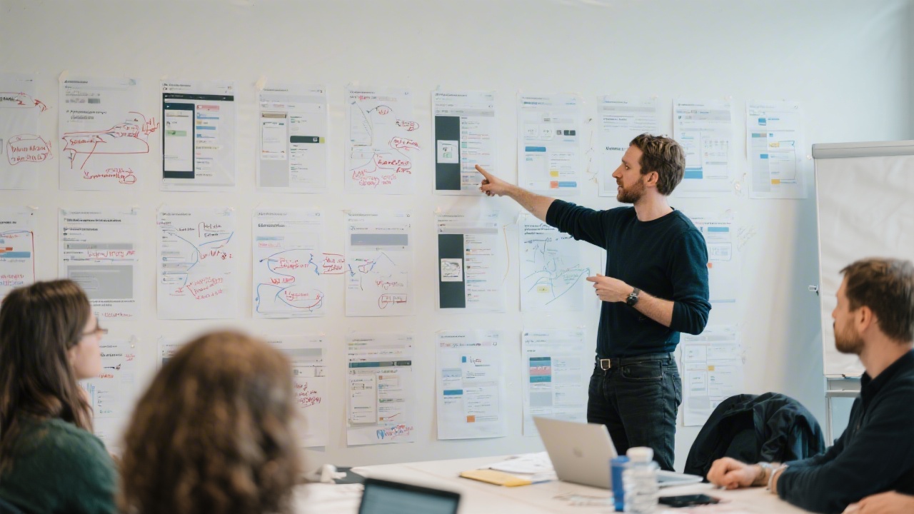 Instructor pointing at a wall of printed UI screens and annotations during a workshop, showing structured methodology and feedback process.