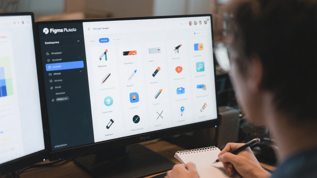 Close-up of Figma plugin panel open on a desktop monitor, showing organized tools and icons, with a designer taking notes beside the screen.