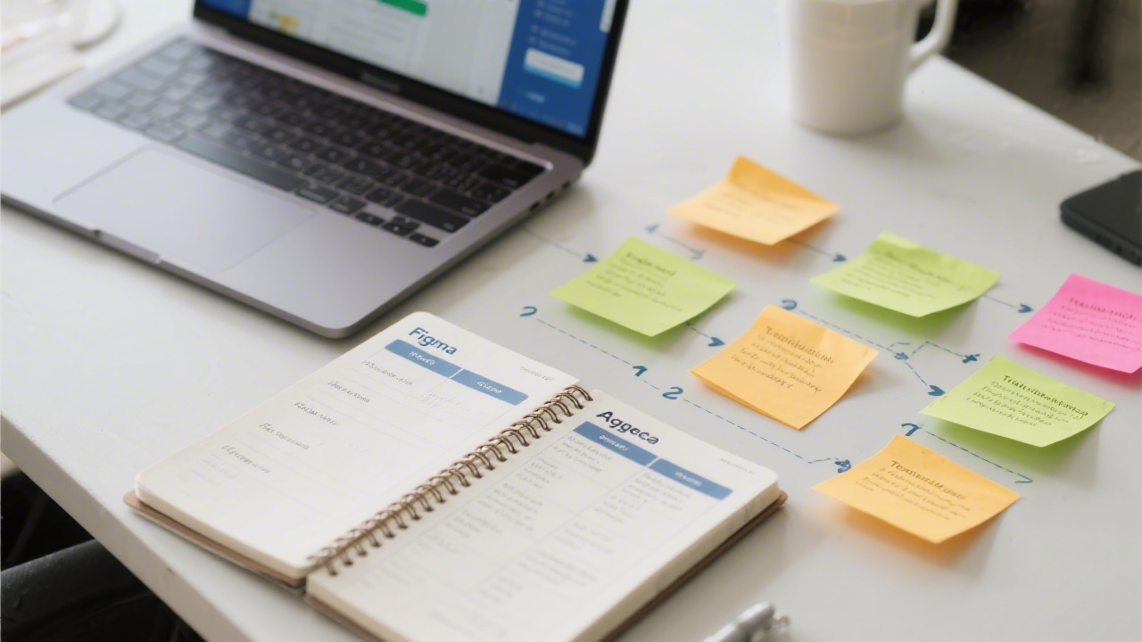 Notebook with structured agenda, a laptop with Figma open, and sticky notes forming a step-by-step process for training.