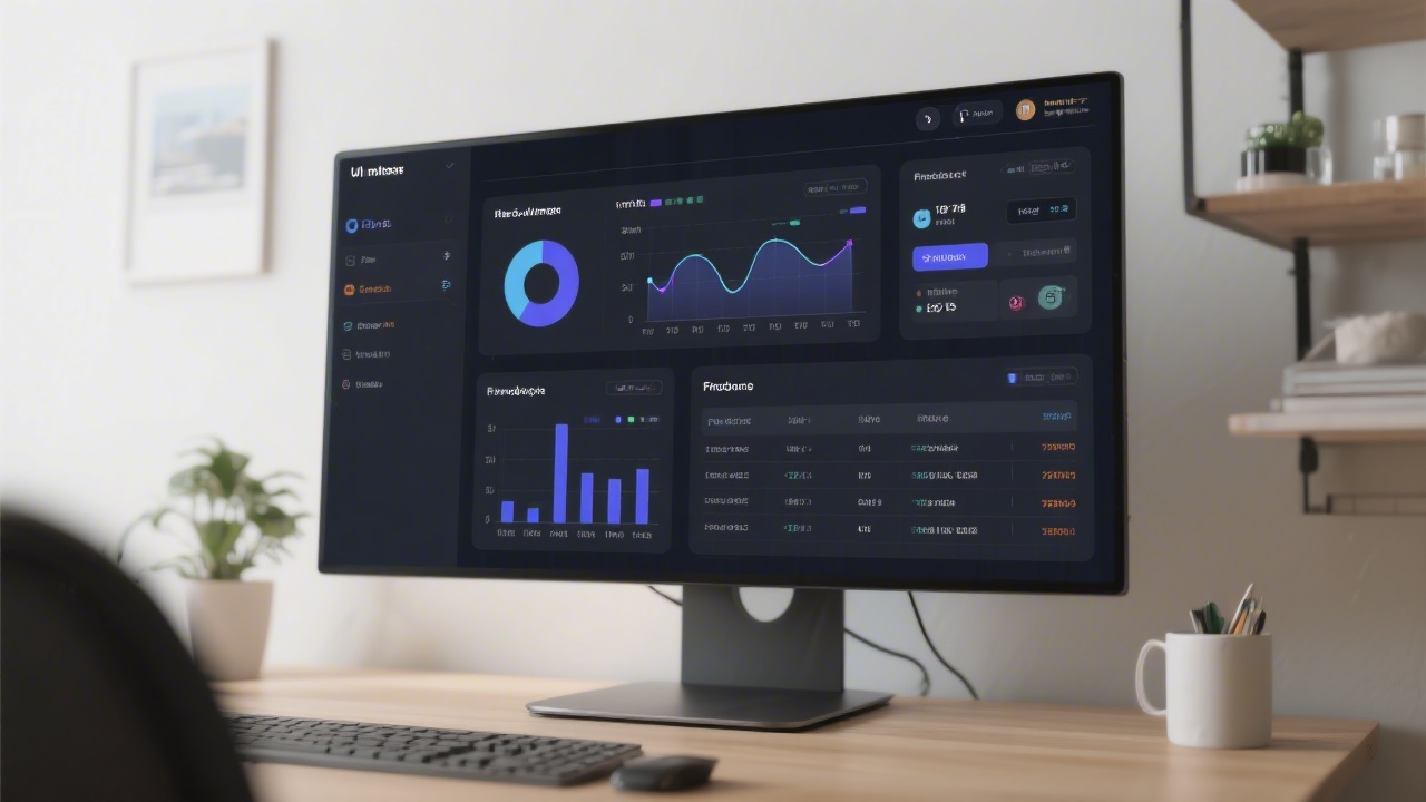 UI dashboard mockup with charts, tables, and filters displayed on a widescreen monitor, illustrating enterprise product design work.