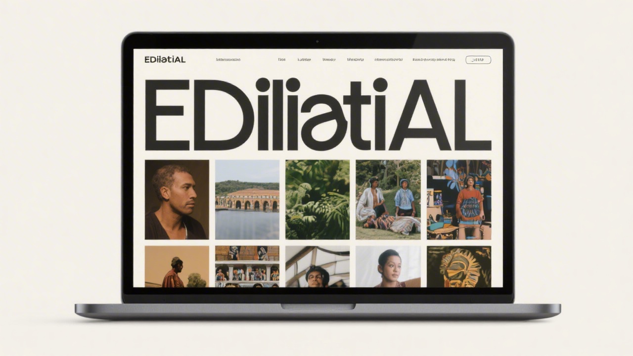 Editorial landing page layout on a laptop screen with large typography, image blocks, and grid-based layout for a cultural brand.