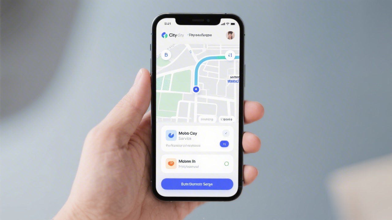Mobile app interface prototype displayed on a phone mockup, showing navigation, cards, and bottom bar for a city mobility service.