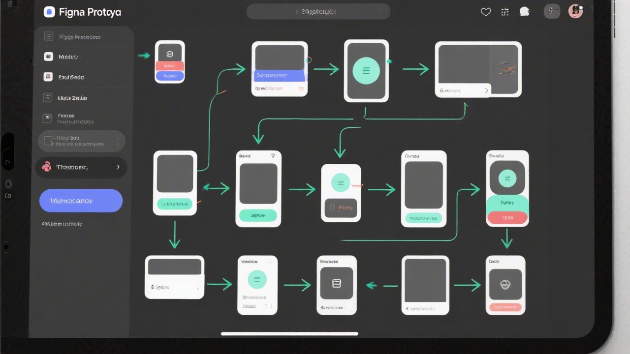 Figma prototype flow on screen with multiple frames connected by arrows, demonstrating user journey and interaction logic for a mobile application.