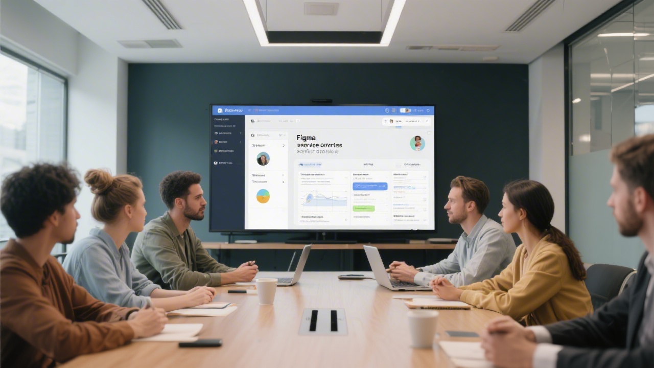 Modern meeting room with a large screen showing Figma interface and a group of designers discussing service offerings and training plan.