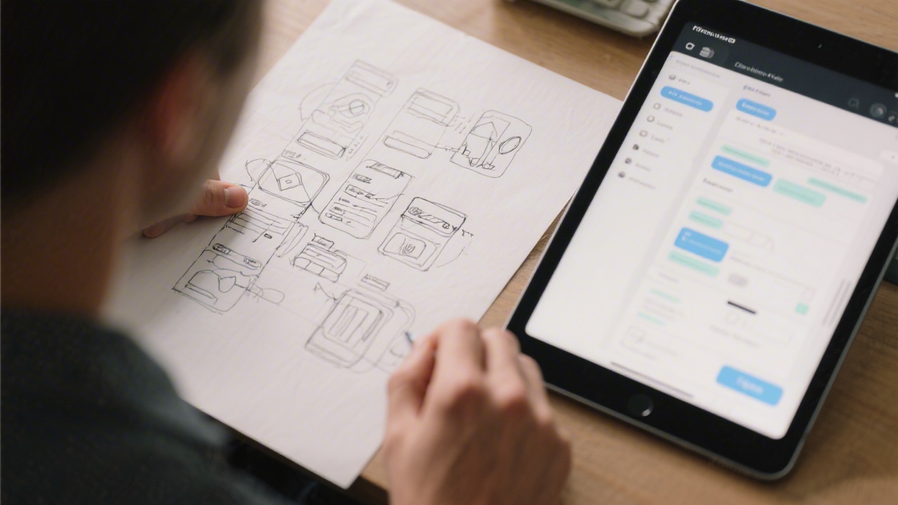 Close-up of a designer sketching UI wireframes on paper next to a tablet with Figma open, representing planning and strategic vision.